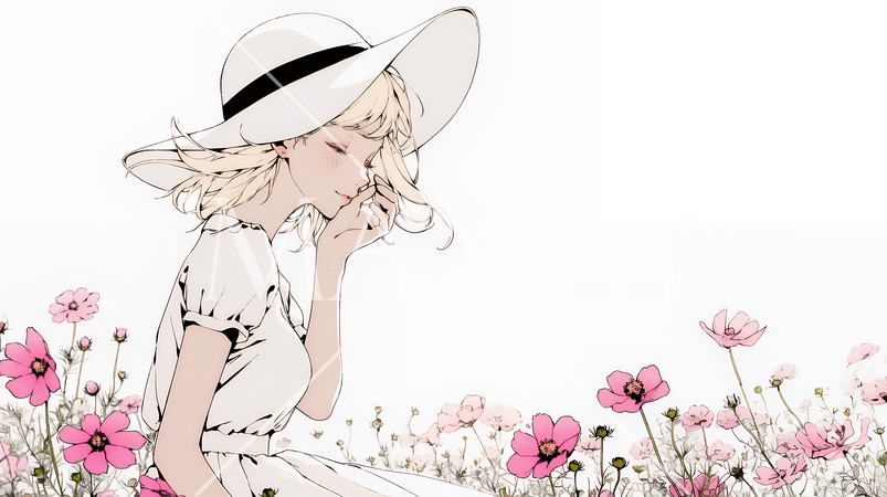 コスモス畑にいる若い女性（シンプルな色使い）