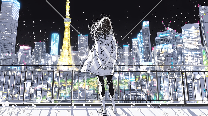 都市のランドスケープを眺めている若い女性