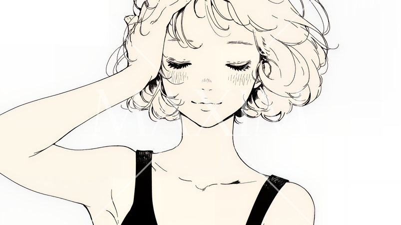 気恥ずかしそうに頭をかき、ごまかすような仕草を見せる若い女性（シンプルな色使い）