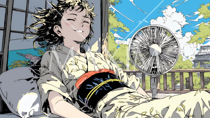 暑い夏の昼下がり、扇風機にあたって涼んでいる若い女性