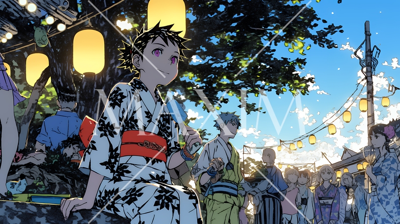 縁日屋台が立ち並び、賑わいを見せる祭りの夜