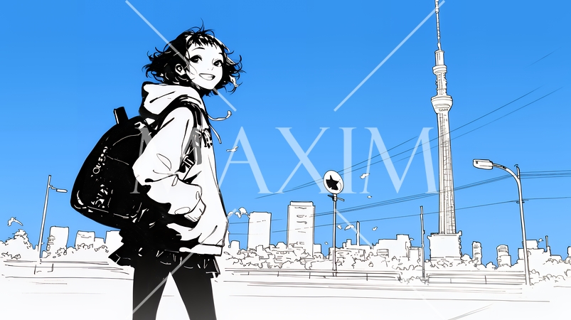 若い女性が佇む都市の街角（シンプルな色使い）