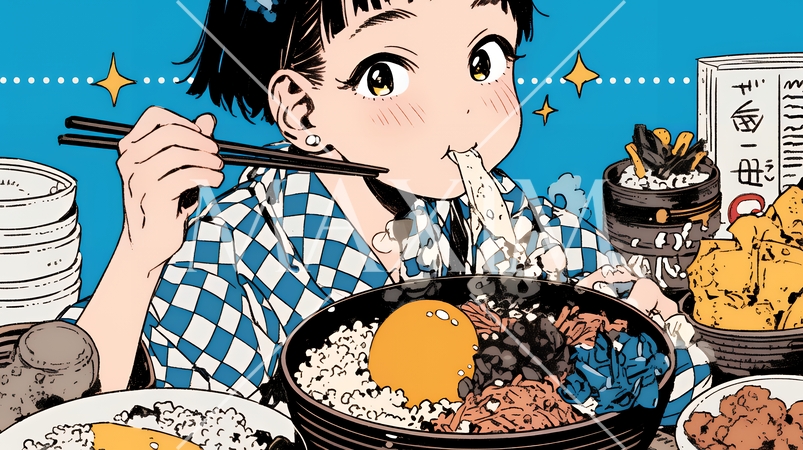 食事をしている若い女性：たくさんの食材を前にもりもり食べている