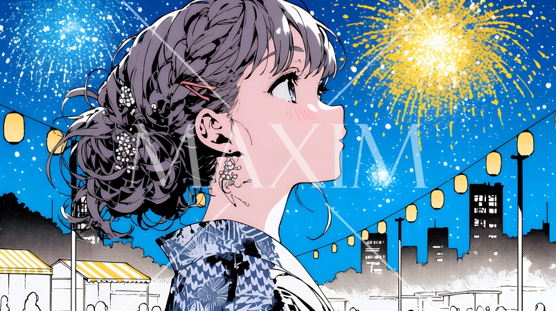 打ち上げ花火を見ている浴衣を着た若い女性