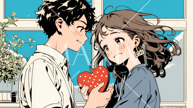 バレンタインディのチョコを男性に渡そうとしている若い女性