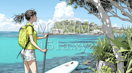 海でSUP（サップ）を楽しむ若い女性（ライフジャケットとリーシュコードの装着は必須だよ）｜爽やかなマリンスポーツ・夏のレジャーイラスト（イラストID:1902666-20480）