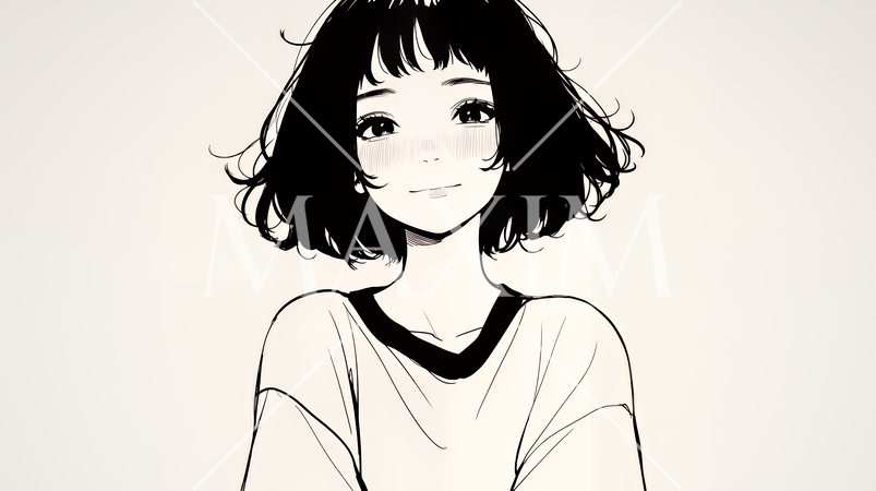 悲しげな目で微笑む（Smiling with sad eyes）若い女性（シンプルな色使い）