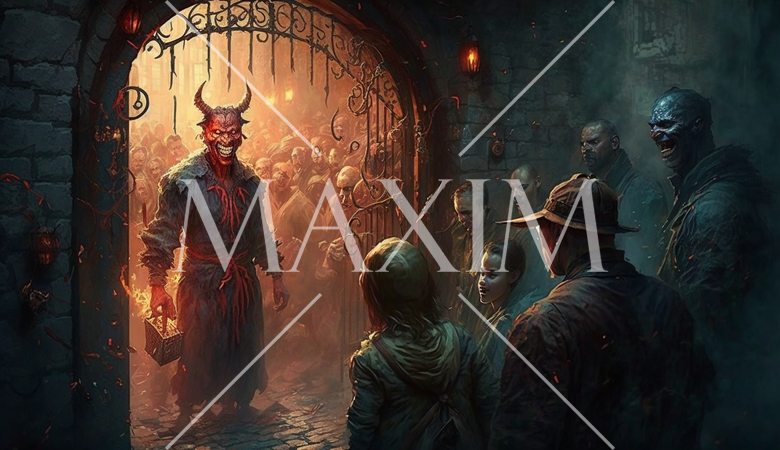 地獄の沙汰も金次第：地獄の鬼が地獄の門をくぐるための木戸銭を亡者から要求している