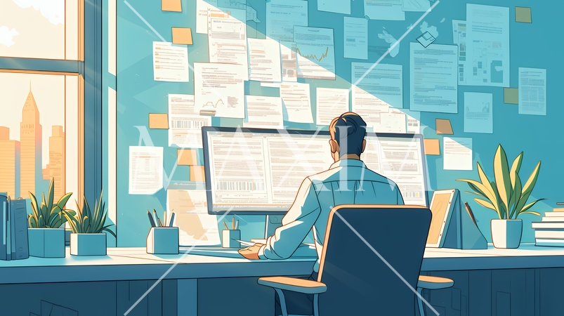 資料作成しているビジネスパーソン：レポート、プレゼンテーション資料の作成。