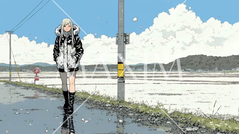 雪解けでぬかるんだ道を歩く若い女性