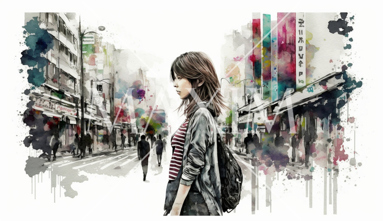 自分探しの旅に出ている若い女性：水彩画