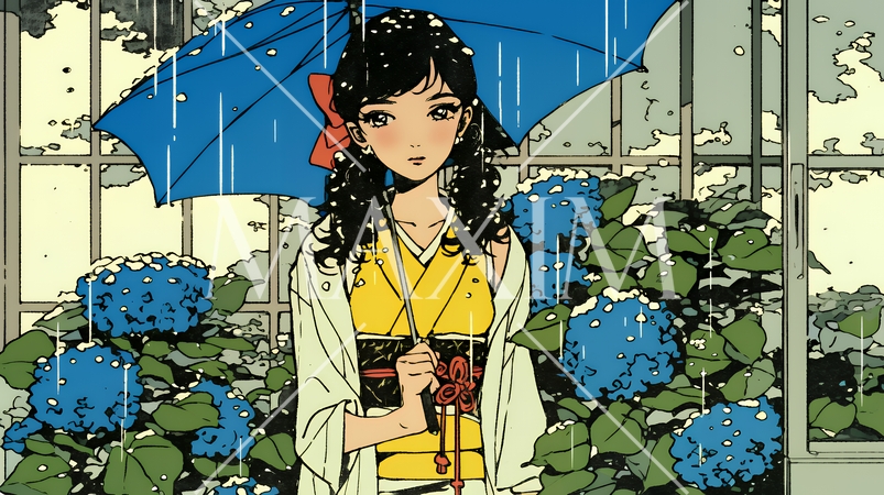 あじさいの小径を和服で歩く若い女性