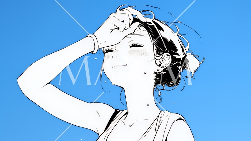 強烈な日差しでヘトヘト状態の女性（シンプルな色使い）