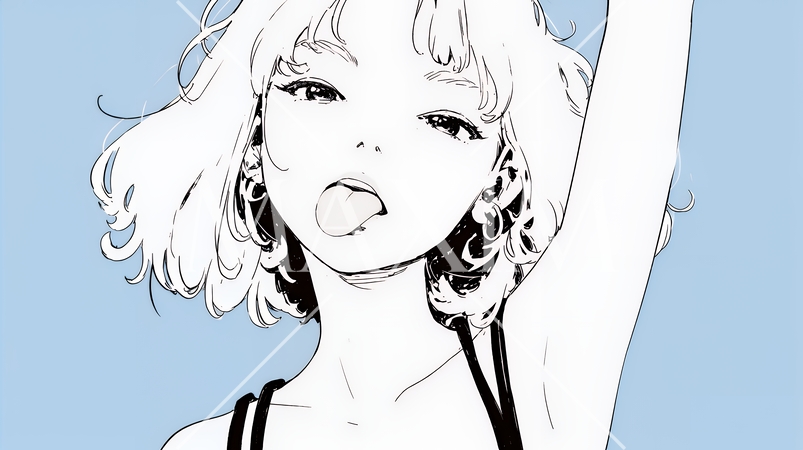 舌を出して陽気におどけている若い女性（シンプルな色使い）