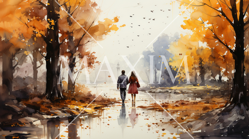 恋人達がいる秋の公園：木々が色づいている水彩画