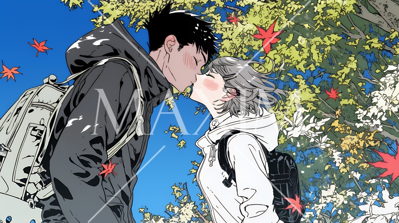 秋の紅葉の下でキスをしている若い恋人たち