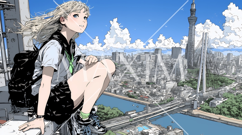 都市のランドスケープを眺めている若い女性