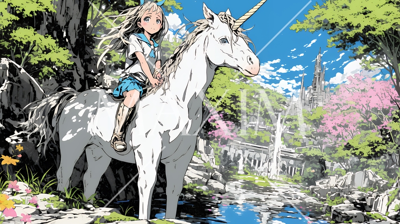 ユニコーンと若い女性