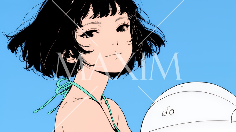 ビーチボールを持った若い女性（シンプルな色使い）