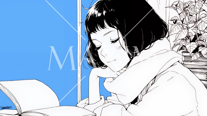 資料（本）を読みながら、うとうと眠ってしまう若い女性（シンプルな色使い）