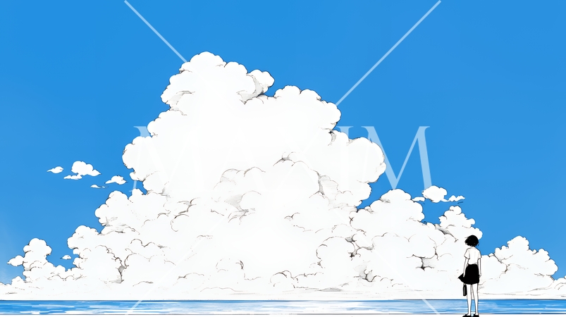 夏の海と入道雲と若い女性（シンプルな色使い）