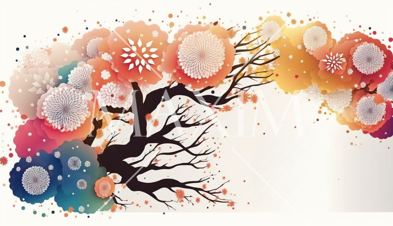 年賀状の図版：初日の出、梅、松、松竹梅