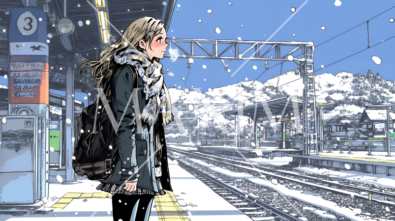 雪の降るホームで電車待ちをしている若い女性
