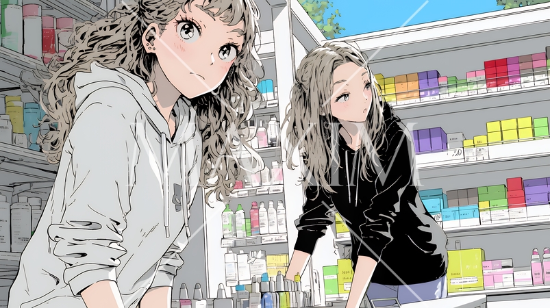 ドラッグストアでコスメを選ぶ若い女性