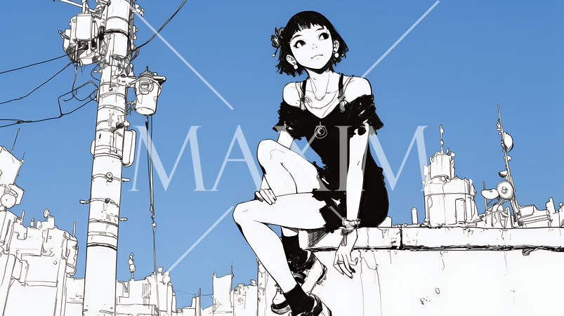 若い女性が佇む都市の街角（シンプルな色使い）