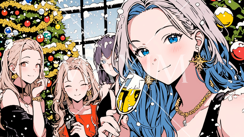 クリスマス女子会：クリスマスツリーを前で飲んで食べて大はしゃぎ