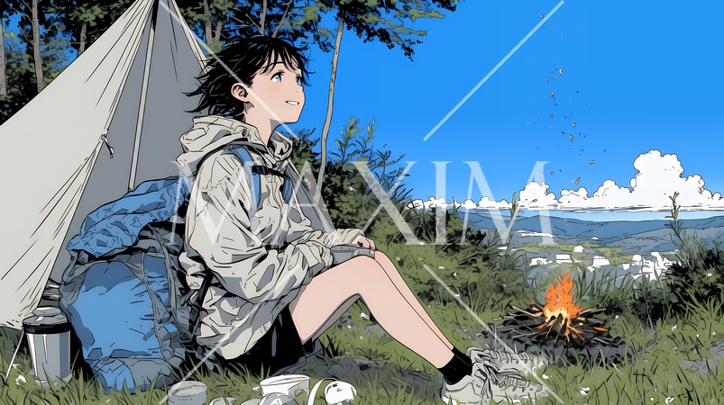 ソロキャンプを楽しんでいる若い女性