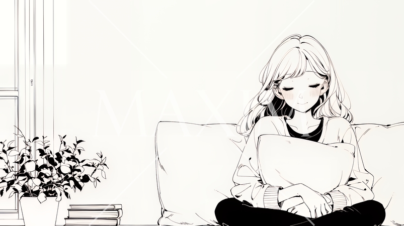 ソファでクッションを抱えてくつろぐ若い女性（シンプルな色使い）