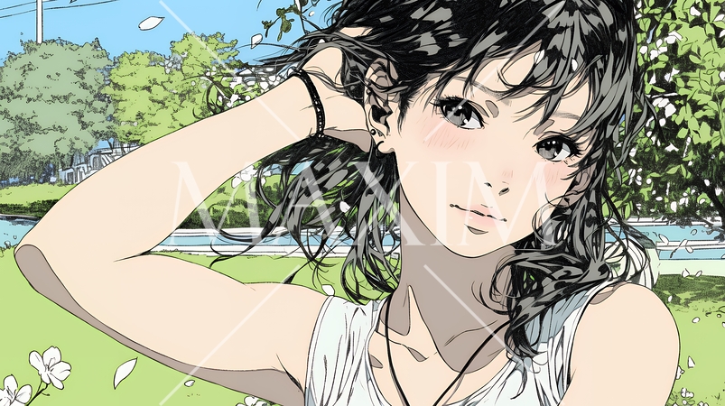 満開の桜の下、春風に乱れた髪を整える若い女性