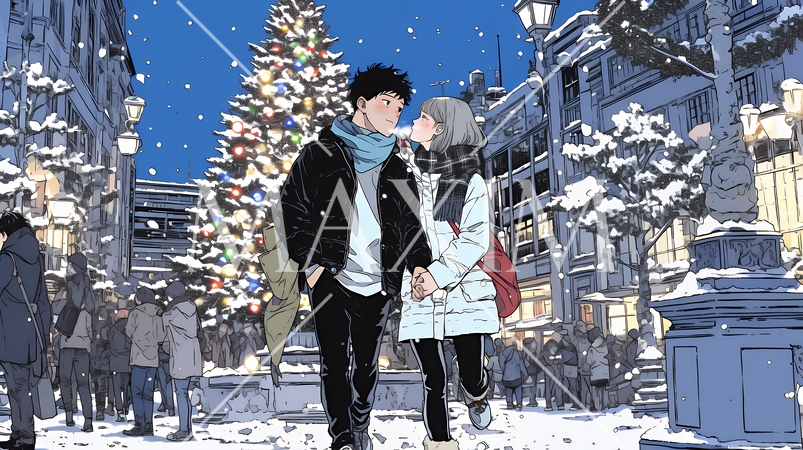 クリスマスイルミネーションの街でデートしているカップル