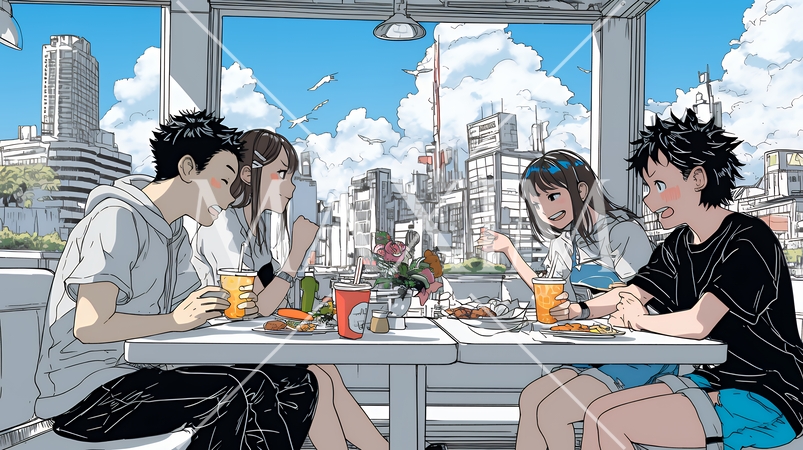 親しい仲間とファーストフード店で食事をしている若者たち