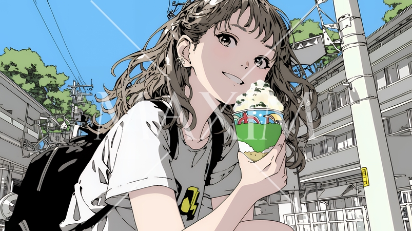 夏空の下でかき氷をたべる若い女性