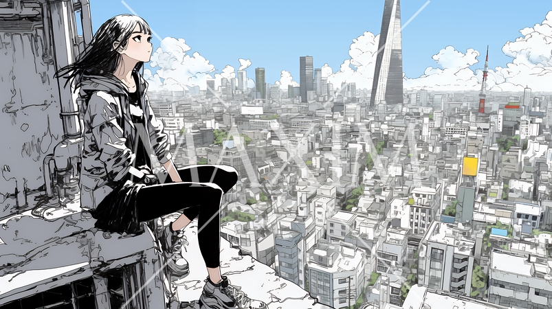 都市のランドスケープを眺めている若い女性