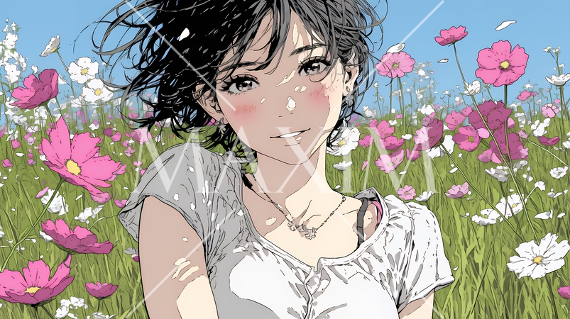 コスモス畑にいる若い女性