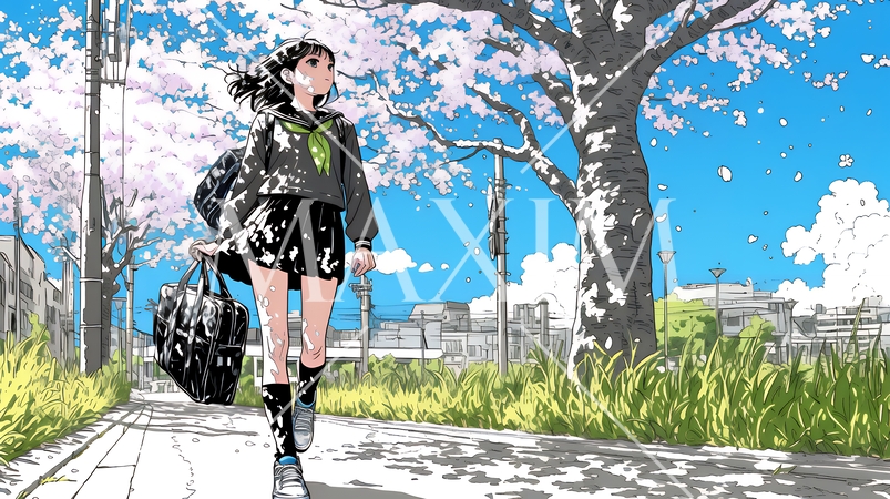 満開の桜の木の下を歩く制服姿の女子高生