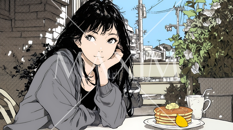 早朝のダイナー（喫茶店）でパンケーキ（モーニングセット）を食べる若い女性