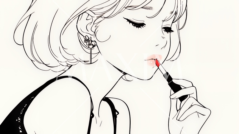 化粧をしている（口紅をつけている）若い女性（シンプルな色使い）