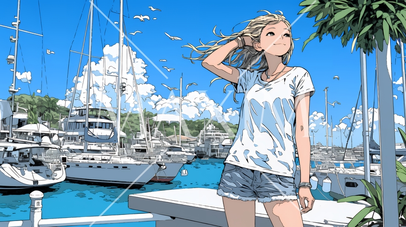 沖縄のヨットハーバーに立つ若い女性