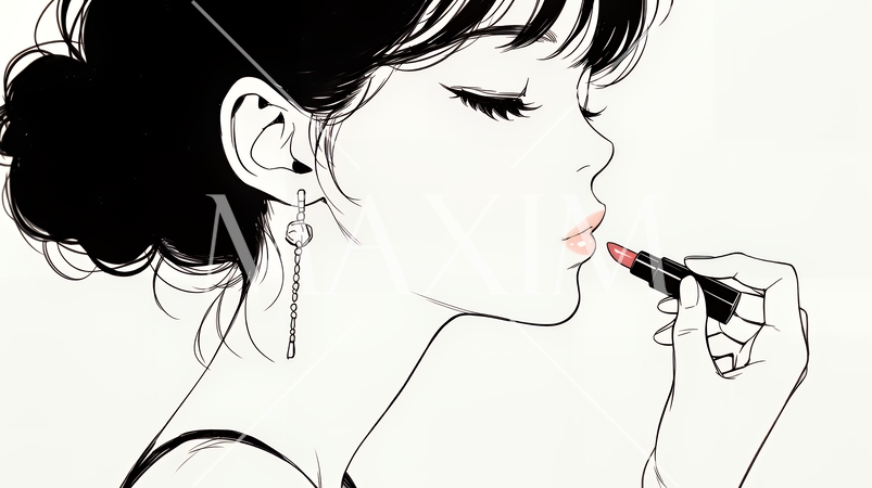 化粧をしている（口紅をつけている）若い女性（シンプルな色使い）