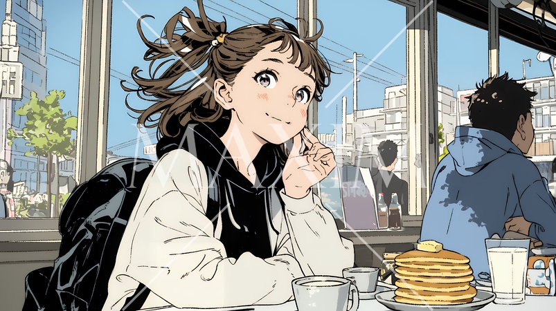 早朝のダイナー（喫茶店）でパンケーキ（モーニングセット）を食べる若い女性