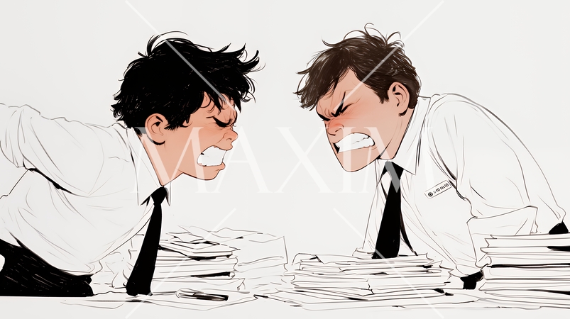 オフィスで言い争いをしているビジネスパーソン（シンプルな色使い）