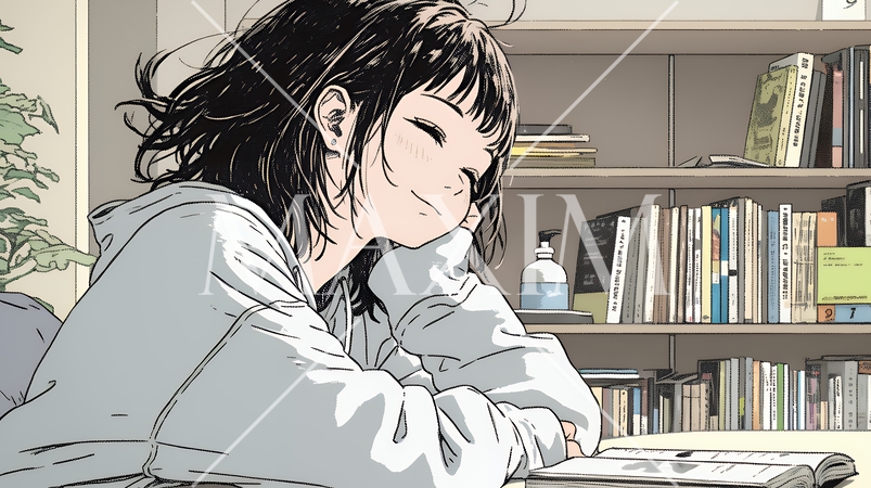 資料（本）を読みながら、うとうと眠ってしまう若い女性