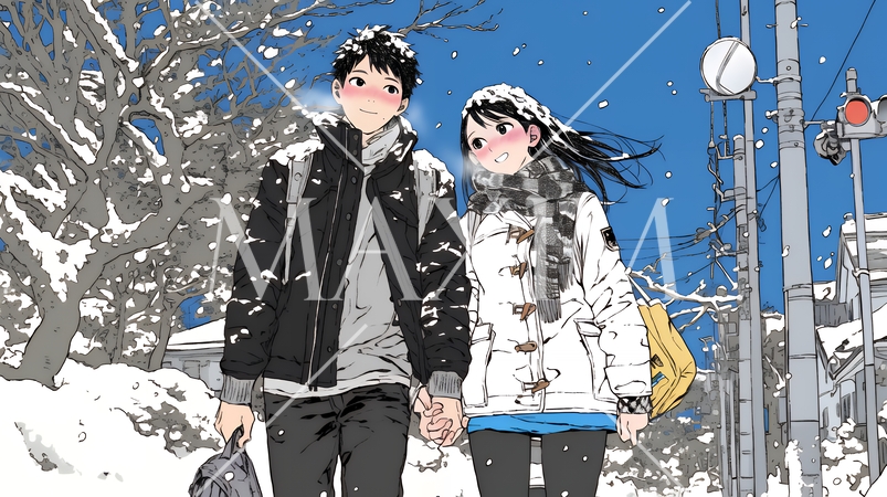 冬枯れ街をデートしている若い恋人たち