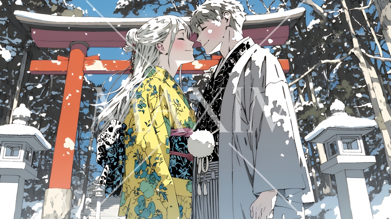 初詣をしている若い恋人カップル