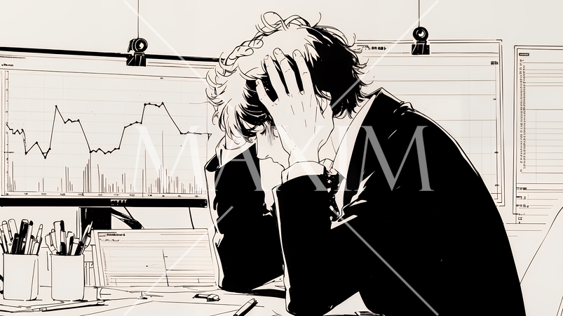 金融市場の急激な変動で頭を抱えている男性（シンプルな色使い）