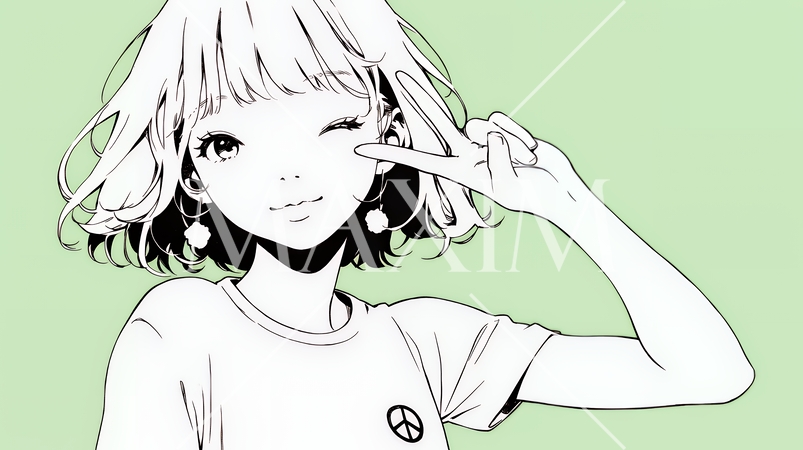 アイドルのように顔の横でピース＋ウィンクしている若い女性（シンプルな色使い）